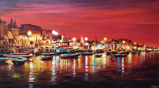 Colorful Night Reflections Varanasi Ghats