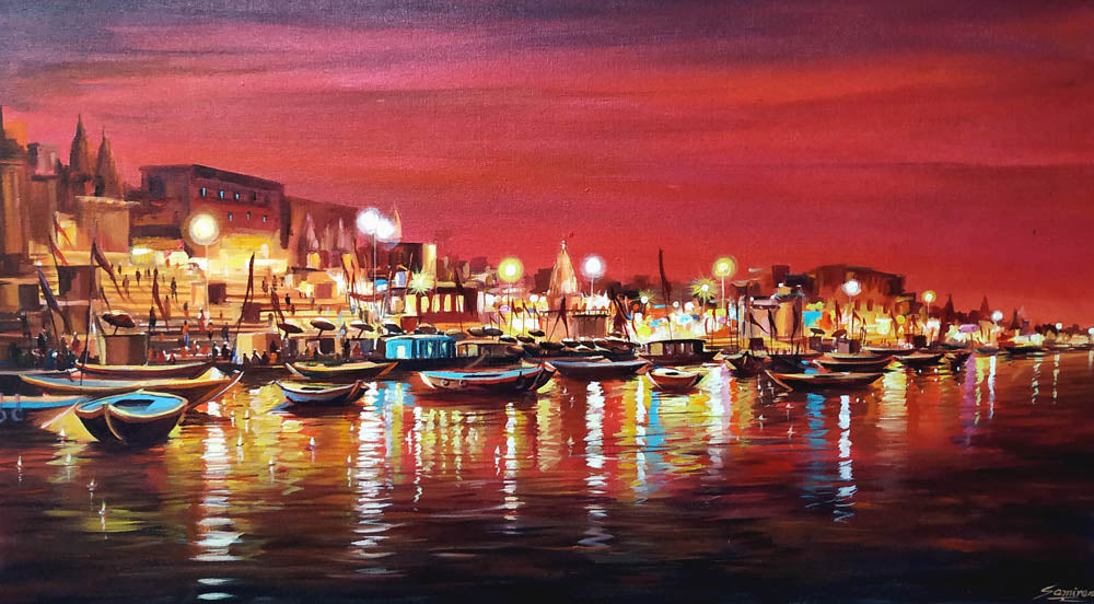 Colorful Night Reflections Varanasi Ghats